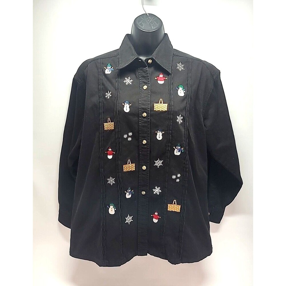 Longaberger Homestead Christmas Button Up Cotton‎ Shirt M Basket Snowman MEDIUM
